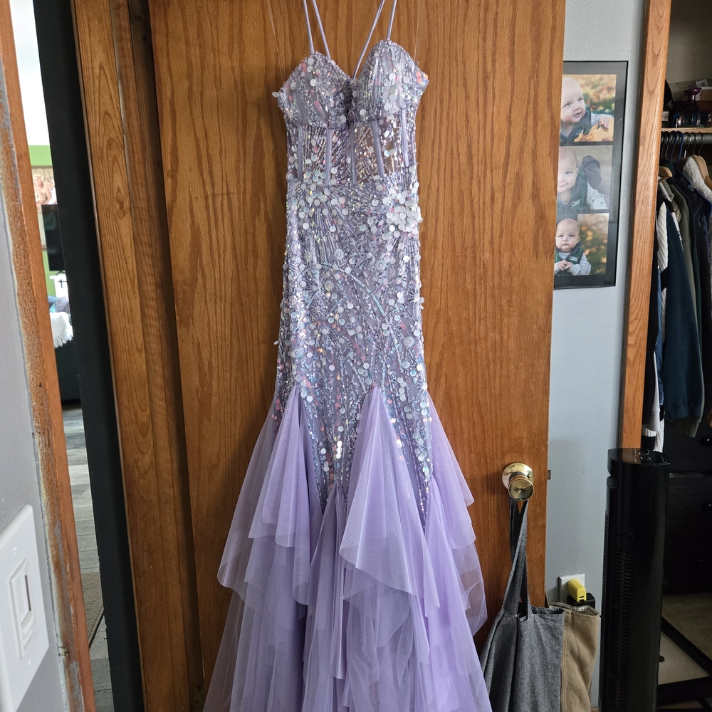 Tigerlily Iridescent Sequin Prom Dress in Lavender and Pearl